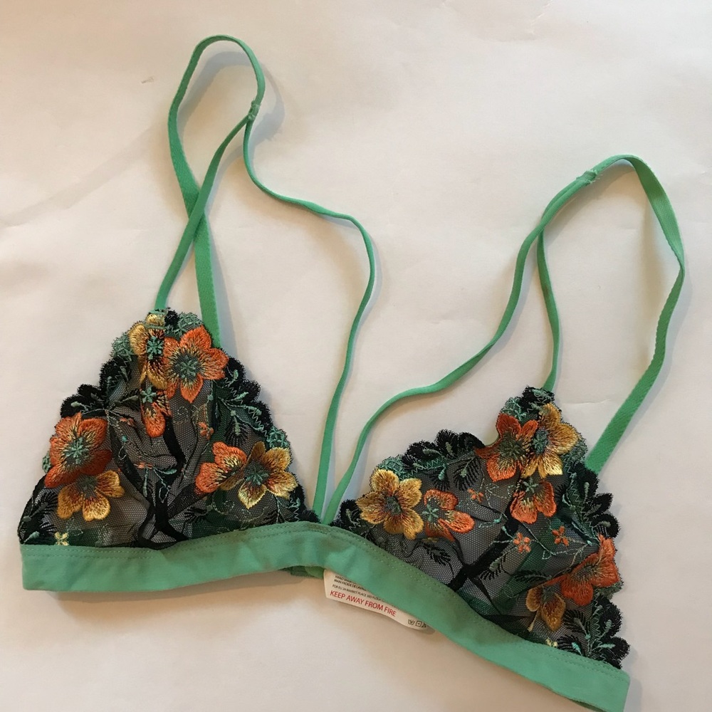 Straps Mesh Floral Embroidered Bra Small